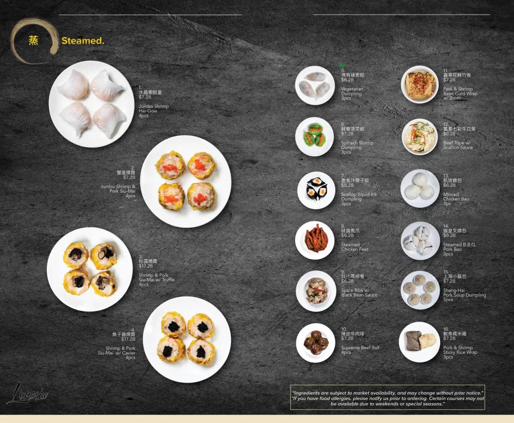 A menu page titled "Steamed" featuring images of various dim sum dishes displayed on white plates against a dark background. The dishes include shrimp dumplings, siu mai, black truffle shrimp dumplings, rice flour rolls, and more.