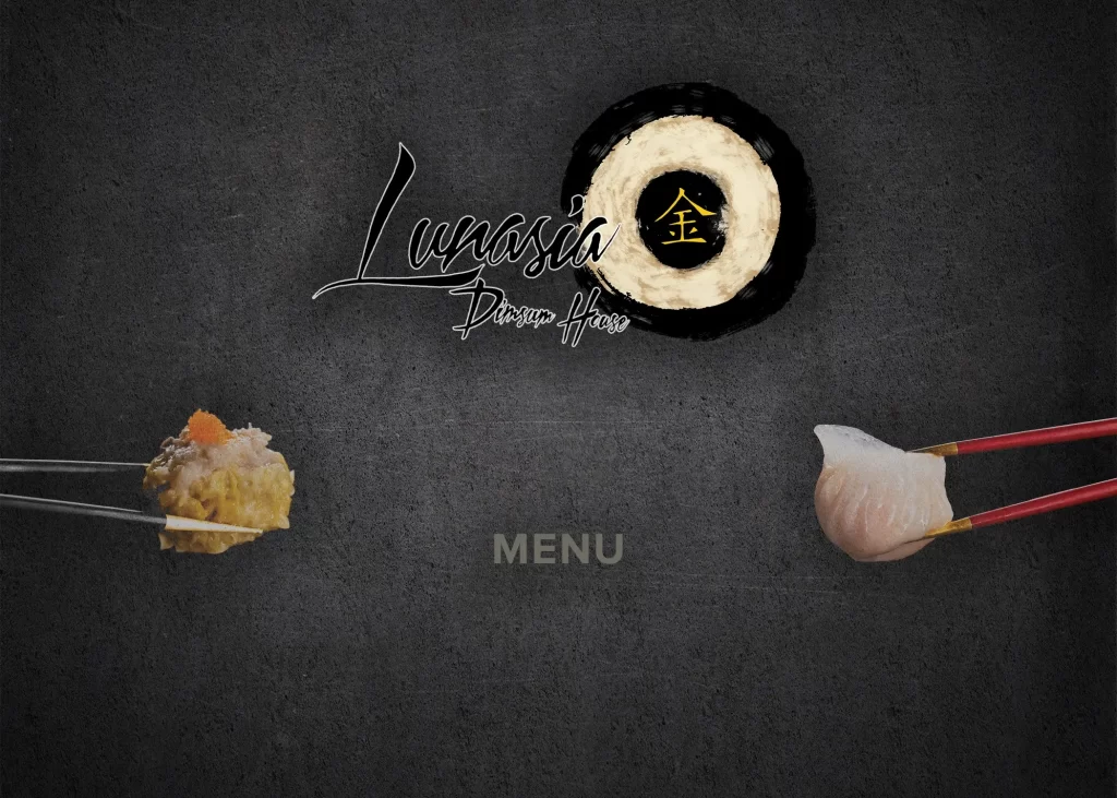 A dark background features a circular logo in the top center with Asian characters inside. "Lunasia Dim Sum House" is written next to it. Two chopsticks hold food items: one yellow and one white. "MENU" is texted below in the center.